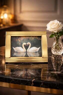 Art Deco Gold Tiered Picture Frame with Heart Swans Heart Print
